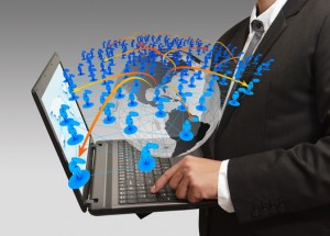 business man pressing computer laptop and social network